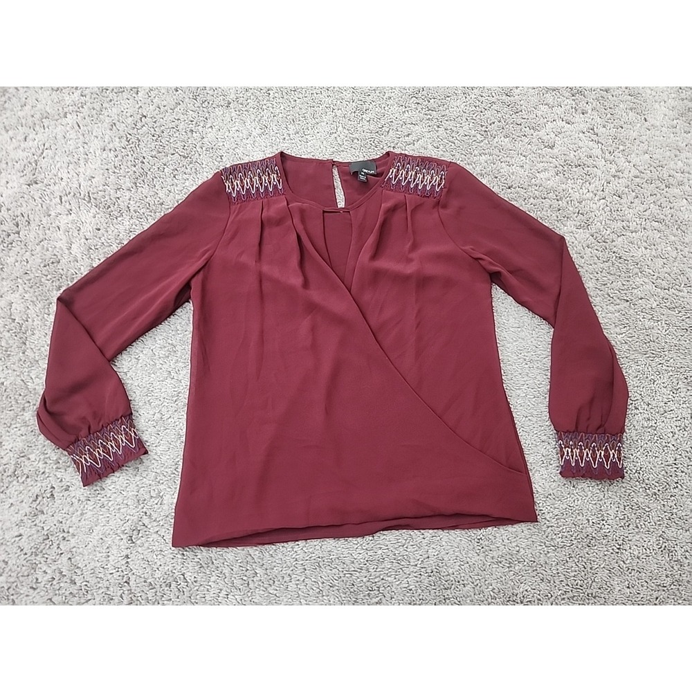 Greylin Blouse Womens XS Burgundy Embroidered Long Sleeve Keyhole Chiffon